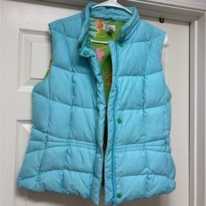Vintage Lilly Pulitzer Vest Blue Floral Puffer Down Zip Snaps Pockets Sz M